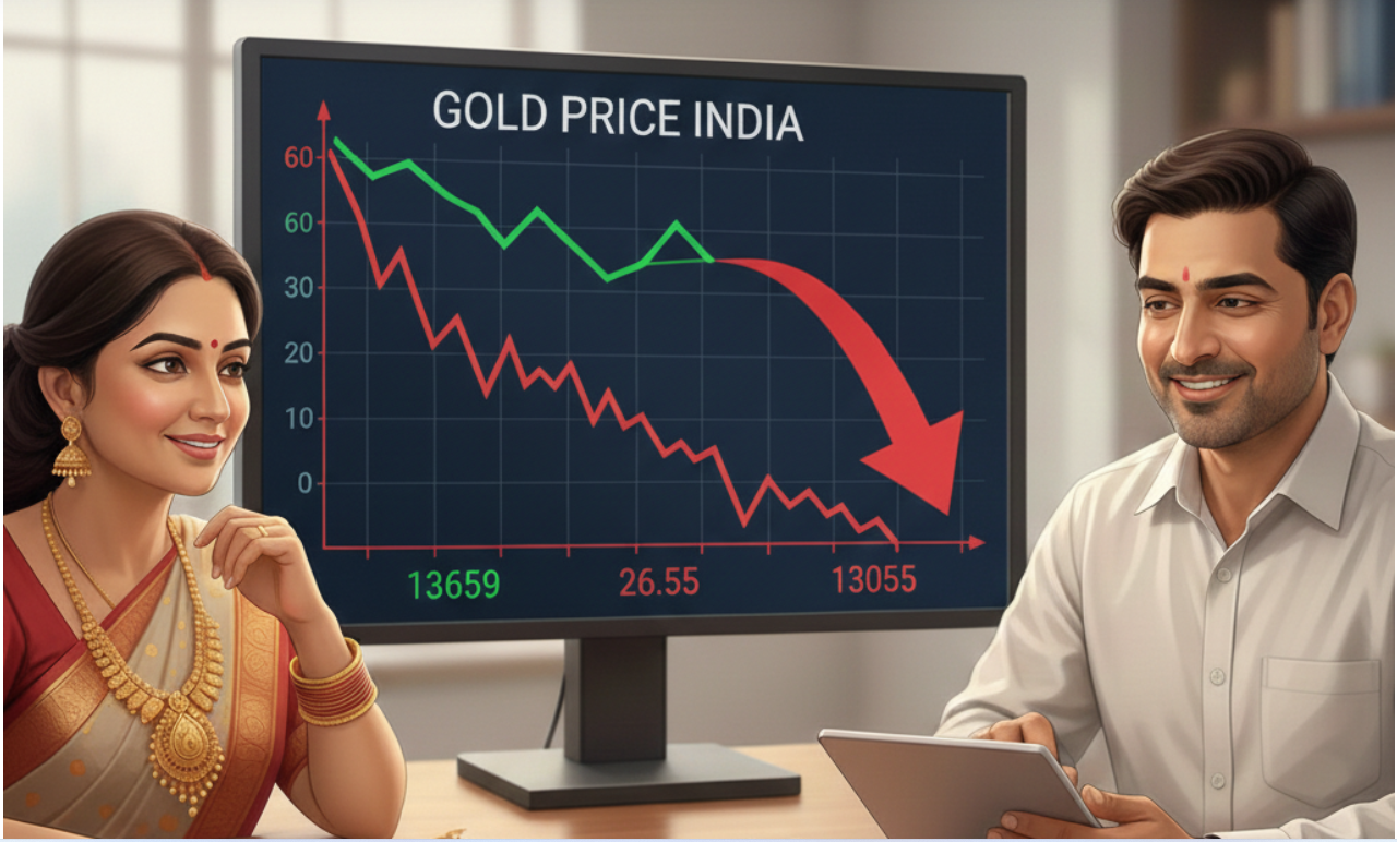 Gold price drop in India showing falling 22K and 24K gold rates with gold bars and jewelry