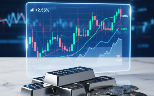 Silver price trend analysis showing daily silver rates per kilogram with market fluctuation chart and silver bars.