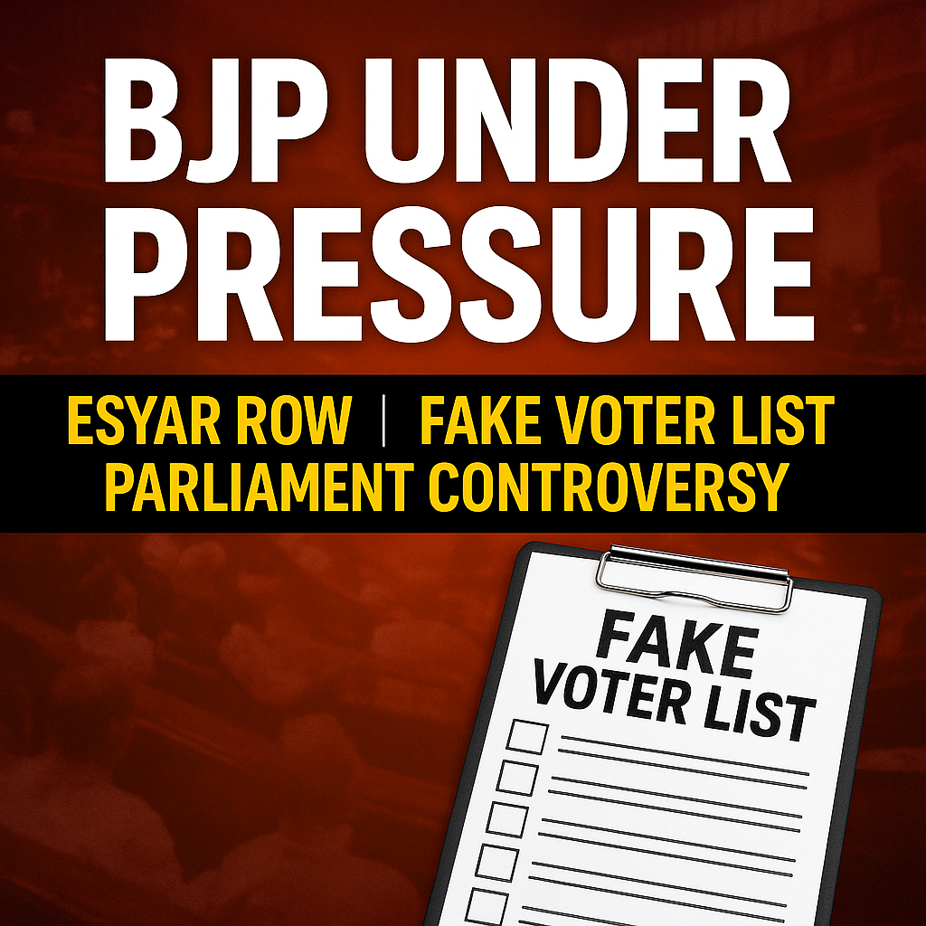 Graphic showing BJP Under Pressure with highlights of ESYAR row, fake voter list issue and Parliament controversy