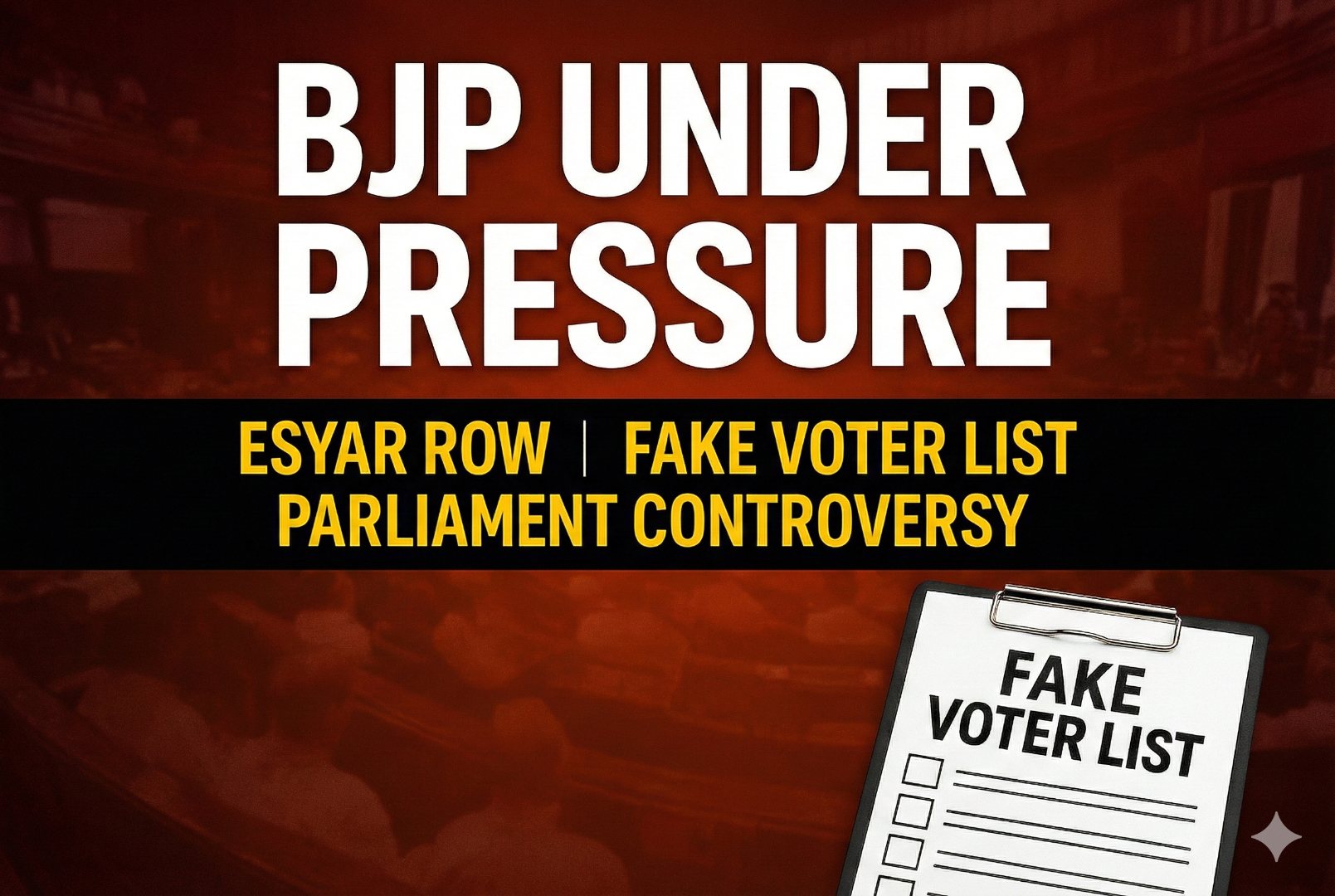 Graphic showing BJP Under Pressure with highlights of ESYAR row, fake voter list issue and Parliament controversy