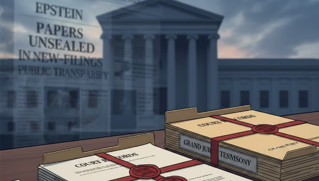 Editorial image showing sealed court documents and investigation records symbolizing the Epstein files and renewed legal scrutiny.